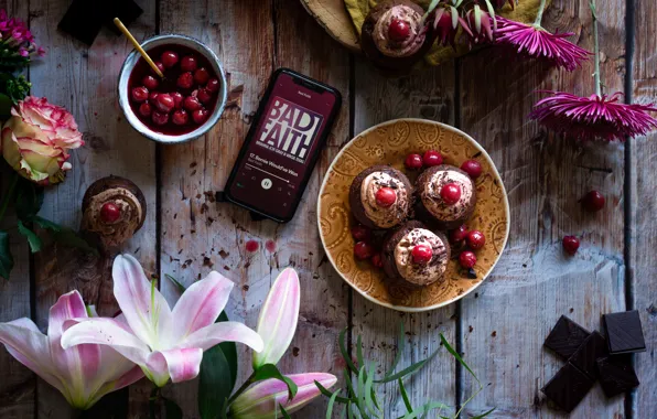 Flowers, Board, chocolate, phone, cake, dessert, cherries, smartphone