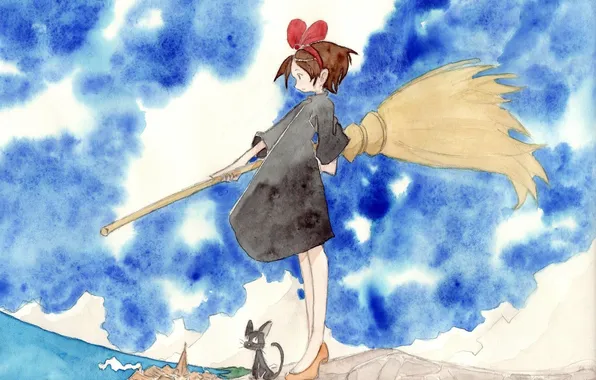The sky, cat, clouds, anime, art, witch, broom, bow