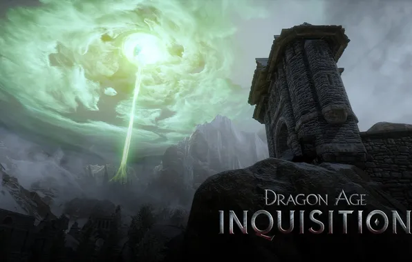 The sky, mountains, clouds, castle, rocks, magic, ray, dragon age inquisition