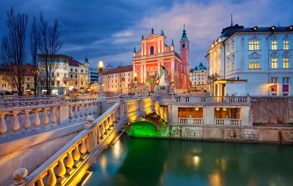 Picture night, bridge, lights, river, home, Church, Slovenia, Ljubljana