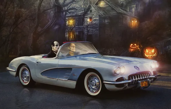 Road, lights, house, the evening, zombies, car, Halloween, Frankenstein