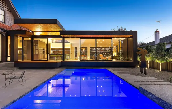 Villa, the evening, pool, lighting, architecture, terrace, Glen Iris Residence, by West Valentine Design
