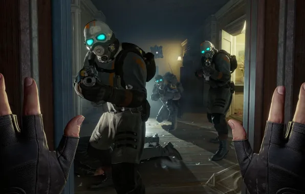 Weapons, the situation, hands, corridor, soldiers, masks, Half-Life Alyx