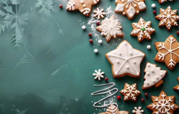 Stars, balls, snowflakes, texture, cookies, Christmas, New year, green background