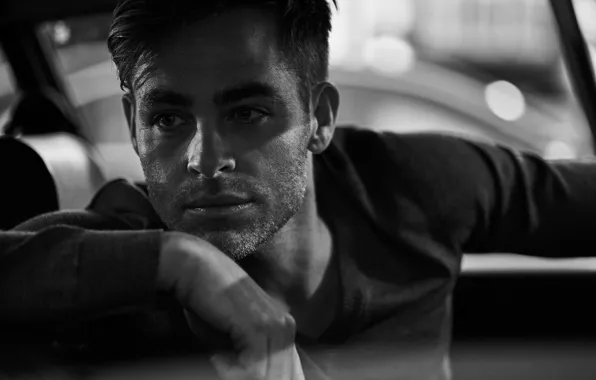 Close-up, photographer, actor, black and white, car, journal, photoshoot, Chris Pine