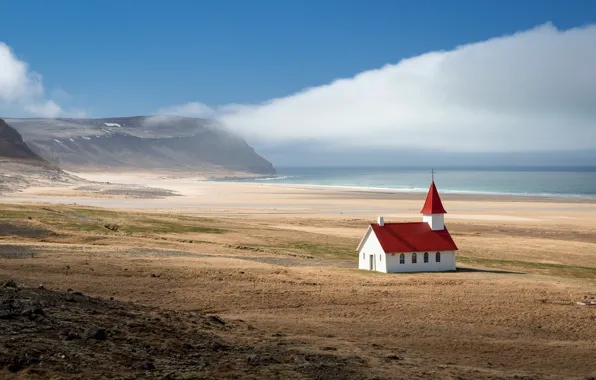 Sea, landscape, mountains, temple, Iceland