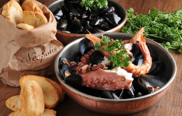 Picture bread, seafood, mussels, octopus