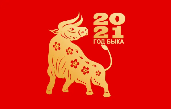 Picture new year, styling, figures, red background, date, bull, symbol of the year, 2021