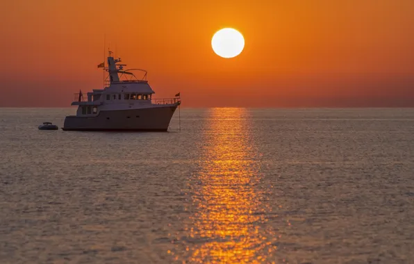 Sea, the sun, landscape, sunset, ship, beauty, solar path, The Aegean sea