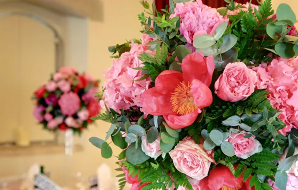 Roses, bouquet, peonies, hydrangea