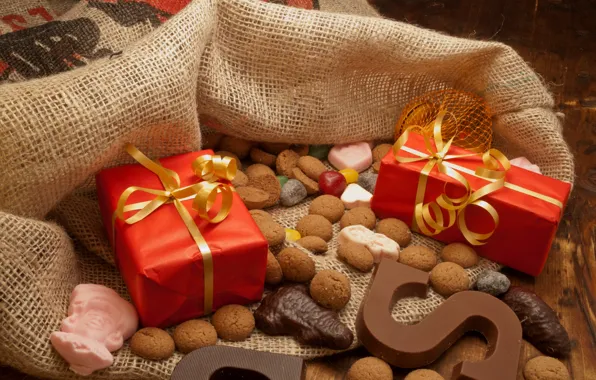 Holiday, new year, chocolate, cookies, gifts, bag, cakes