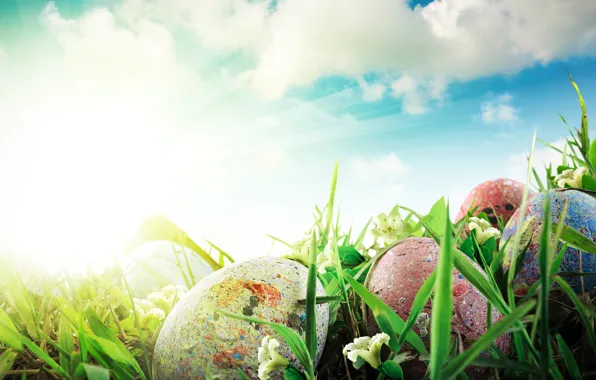 Picture the sky, grass, clouds, rays, flowers, nature, holiday, eggs