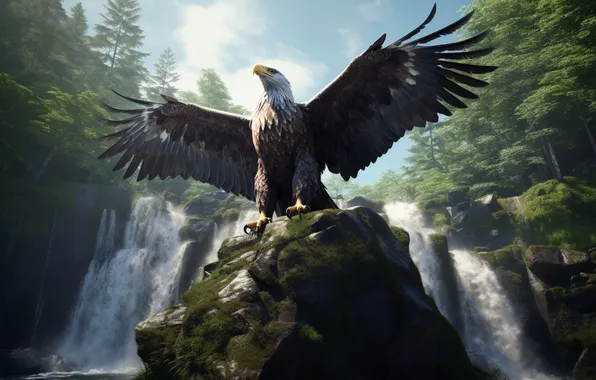 Picture Waterfall, Bird, Trees, Stone, Wings, Predator, Digital art, Bald eagle