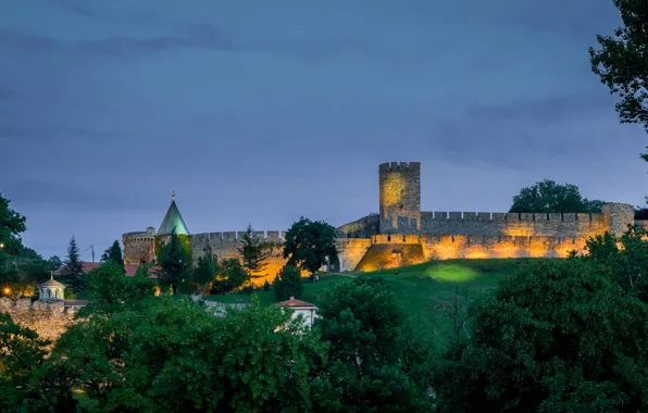 Trees, the evening, hill, fortress, Serbia, Kalemegdan, Belgrade Fortress