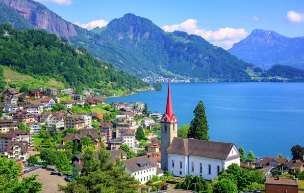 Mountains, lake, Switzerland, Engelberg Lake Lucerne