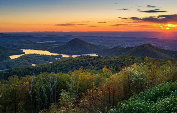 Autumn, forest, sunset, mountains, river, hills, view, height