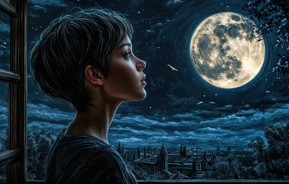 Dreams, night, the city, the moon, digital art, black woman, digital art, short hairstyle