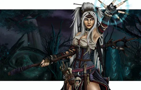 Picture forest, look, girl, pose, weapons, background, magic, clothing