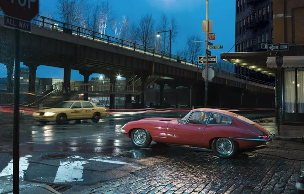 Picture road, night, rain, Jaguar E-Type 1963