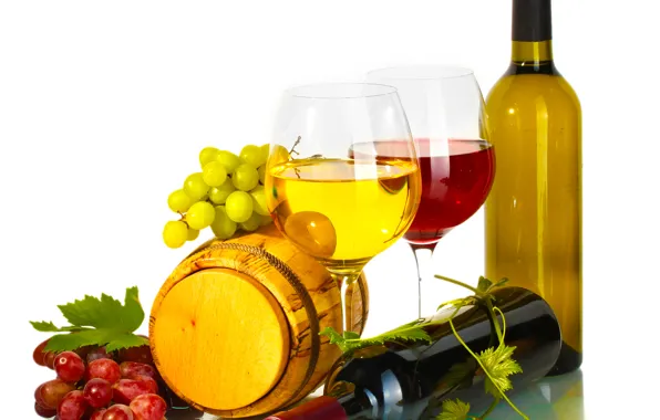 Wine, red, white, glasses, bottle, barrel, vine. grapes