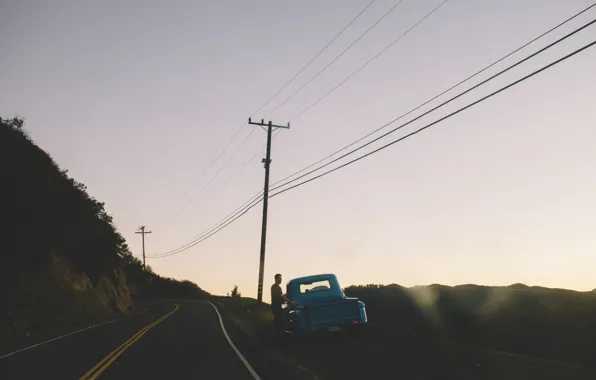 Road, the sky, Chevrolet, male, twilight, power line, Pick Up