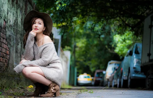 Picture girl, pose, hat, Asian, bokeh
