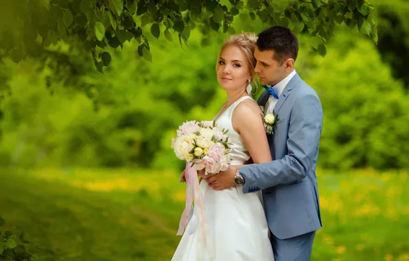 Picture girl, bouquet, dress, male, lovers, the bride, wedding