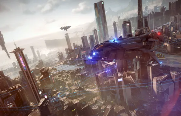 Light, the city, helicopter, megapolis, starship, Killzone Shadow Fall
