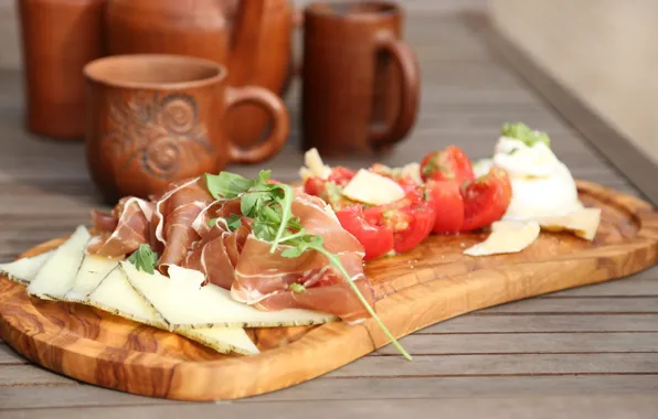 Picture cheese, meat, tomatoes, cutting, appetizer, ham