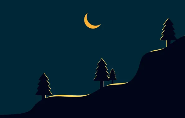 Picture trees, night, a month, moon, trees, night, the slope of the mountain, mountainside