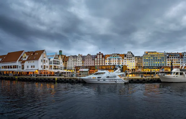 The sky, clouds, clouds, lights, river, home, yachts, the evening