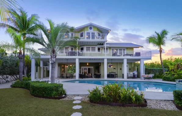 Picture style, palm trees, Villa, the evening, pool, lighting, mansion, facade