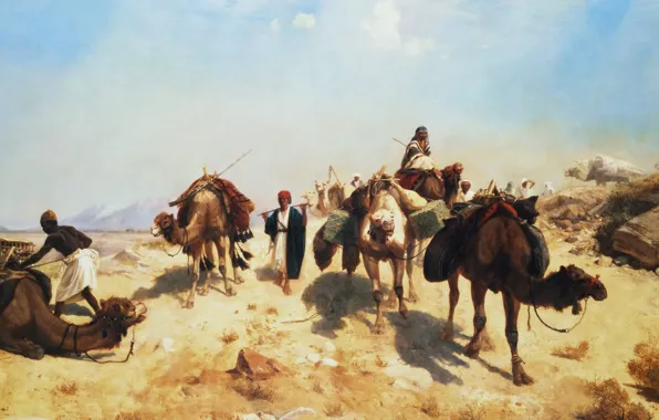 Landscape, picture, camel, Jean-Leon Gerome, Caravan in the Desert