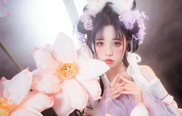 Flower, light, Asian, cutie, cosplay, brown eyes, asian, cutie