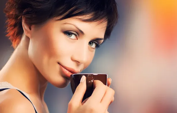Picture look, girl, smile, coffee, makeup, mug, dark-haired