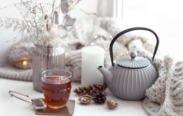 Picture winter, light, glass, comfort, heat, tea, bouquet, candles