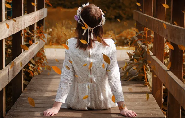 Autumn, girl, bridge, pose, mood, white, haircut, back