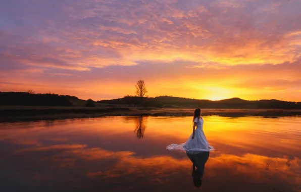The sky, girl, landscape, nature, romance, dal, dress, long hair
