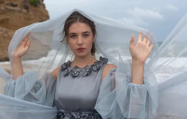 Picture sea, look, girl, rock, hands, makeup, dress, brown hair