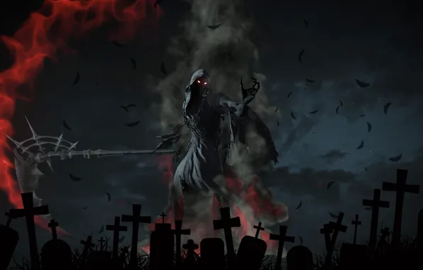 Night, flame, crosses, cemetery, tombstones, Death, bats, the grim Reaper