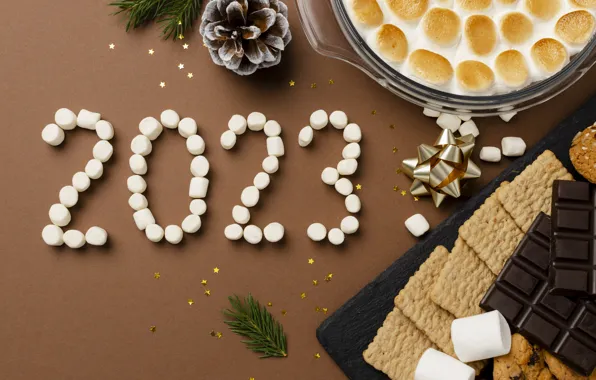 Chocolate, cookies, plate, candy, figures, pie, New year, bump