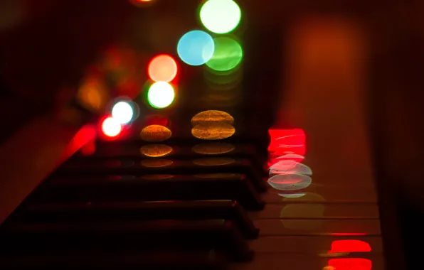 Macro, lights, glare, music, keys, piano, piano, red background