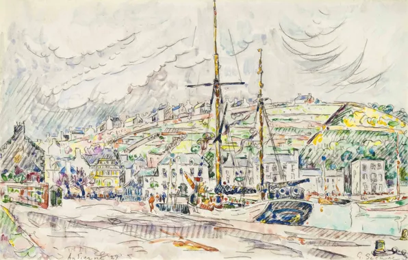 The city, figure, ship, port, watercolor, Paul Signac, Audierne