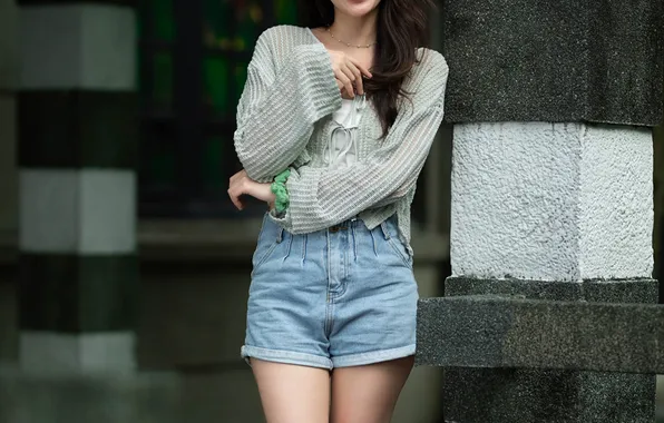 Shorts, Smile, Asian, Pose, Feet, Sweater