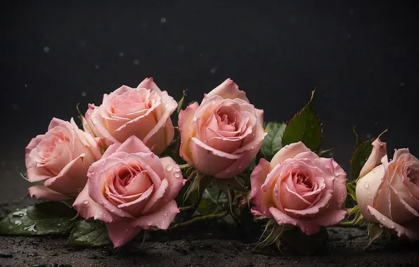 Leaves, drops, flowers, the dark background, roses, bouquet, lies, pink