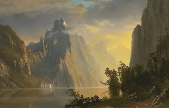 Picture trees, mountains, river, Albert Bierstadt