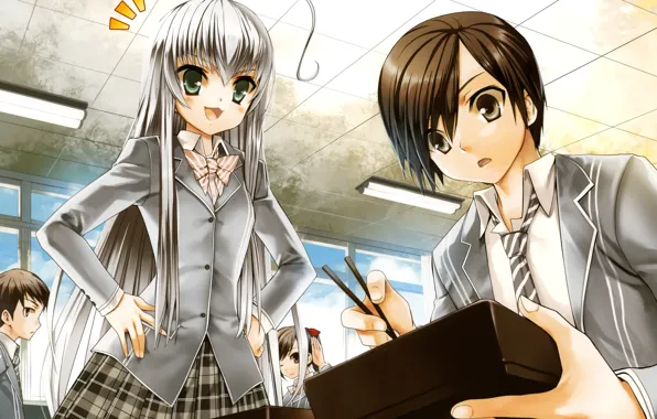 Look, girl, surprise, sticks, anime, art, class, guy