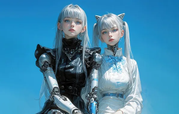 Girls, anime, sci-fi, cyberpunk, white hair