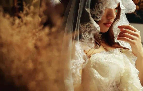 Girl, style, Asian, the bride, veil, bokeh