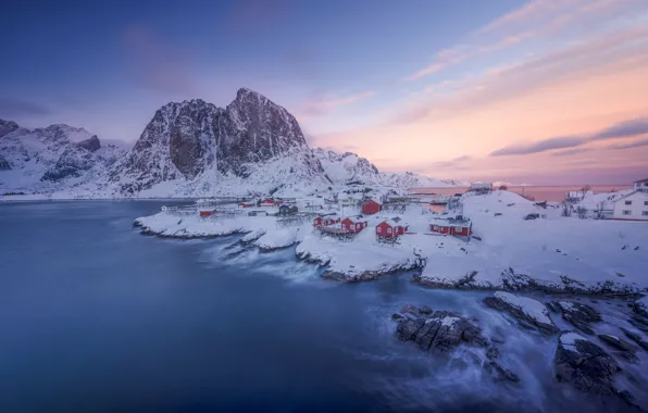 Picture winter, sea, the sky, clouds, snow, mountains, red, stones